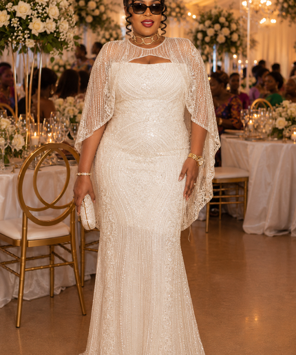Brown Beaded Embellished Off-The-Shoulder Cape Mermaid Dress for Party Cocktail Wedding Guest Birthday Photoshoot Mother of The Bride Gala