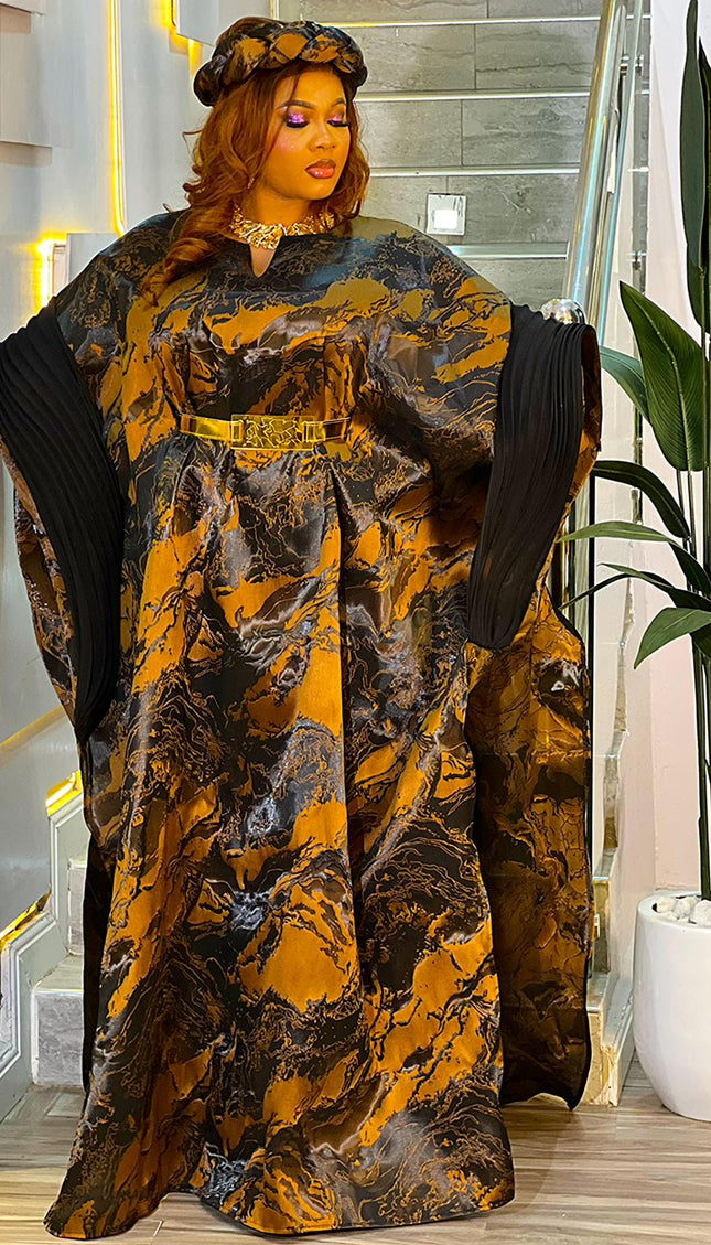 Brown Kaftan Brocade Dress & Matching Headband, African Bubu Wedding Guest Attire Engagement Ceremony