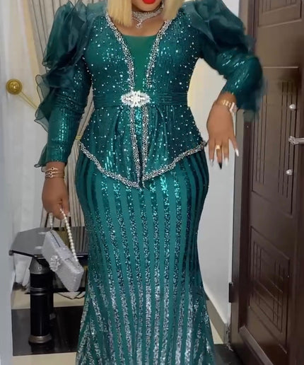 White Sequin Embellished Ruffle Sleeve Peplum Mermaid Dress for Wedding Guest Mother of The Bride Birthday Party Gala Anniversary Engagement Ceremony