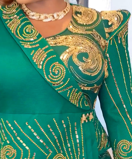 Green Sequin Embellished Peplum Maxi Dress: Wedding Guest Outfit Mother of The Bride Attire Birthday Party Cocktail Anniversary