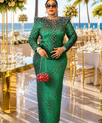 Luxury Magenta Brocade Beaded Peplum Power Shoulder Top & Skirt Outfit for Party Celebrant Birthday Cocktail Reception Wedding Church Mother The Bride
