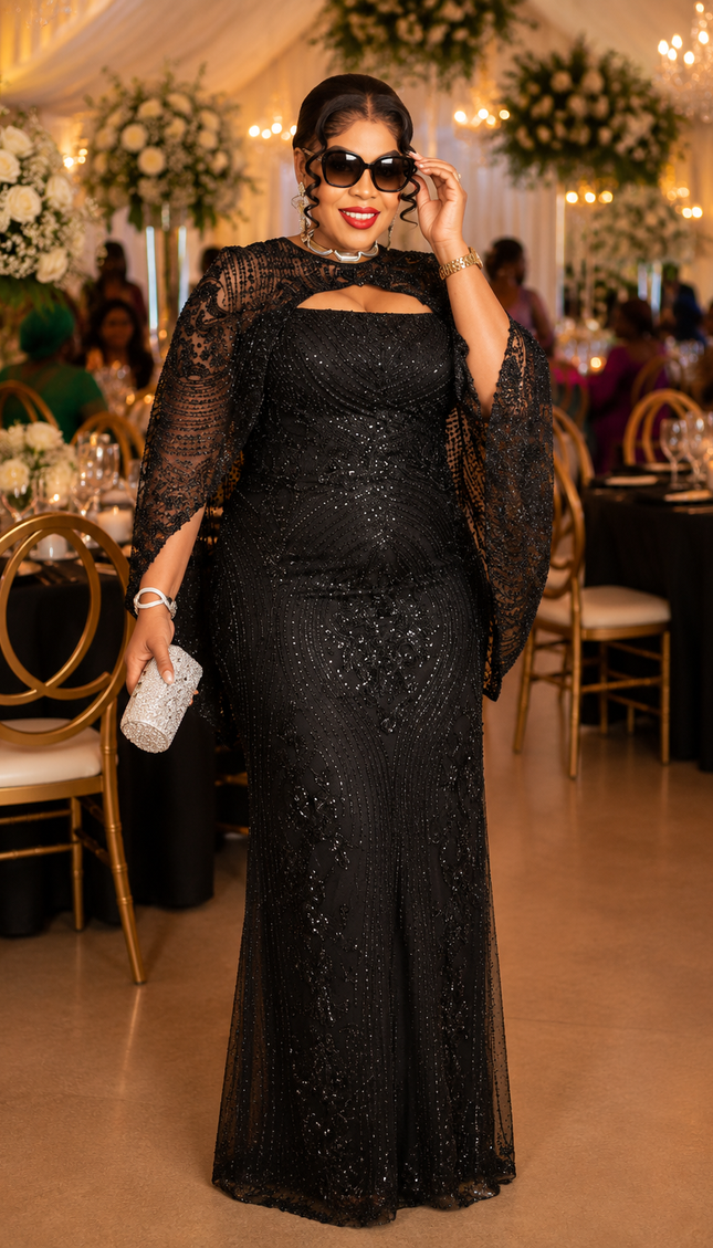 Brown Beaded Embellished Off-The-Shoulder Cape Mermaid Dress for Party Cocktail Wedding Guest Birthday Photoshoot Mother of The Bride Gala