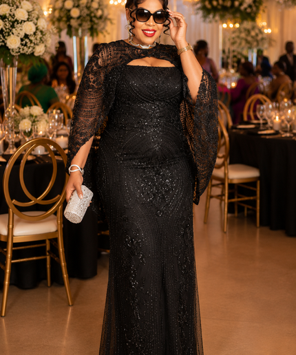 Brown Beaded Embellished Off-The-Shoulder Cape Mermaid Dress for Party Cocktail Wedding Guest Birthday Photoshoot Mother of The Bride Gala