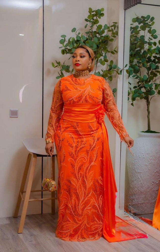 Orange Sequin Embellished Draped Dress, Formal Evening Wear, Wedding Guest Attire Mother of The Bride