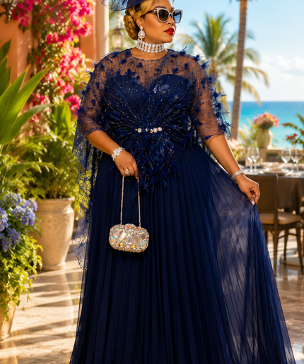 "The Showstopper" Gold Embellished Feathered Pleated Twirl A-Line Maxi Dress Floor-Length Formal Evening Gown for Mother of The Bride Wedding Guest Bridal Dinner Celebrant Birthday Party Engagement Ceremony Holiday Photoshoot