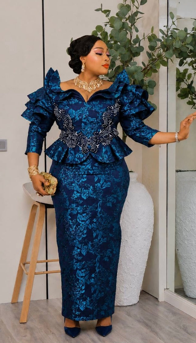 Purple Brocade Beaded Ruffle Sleeve Peplum Dress - Mother of The Bride Celebrant Birthday Party Formal Evening Outfit