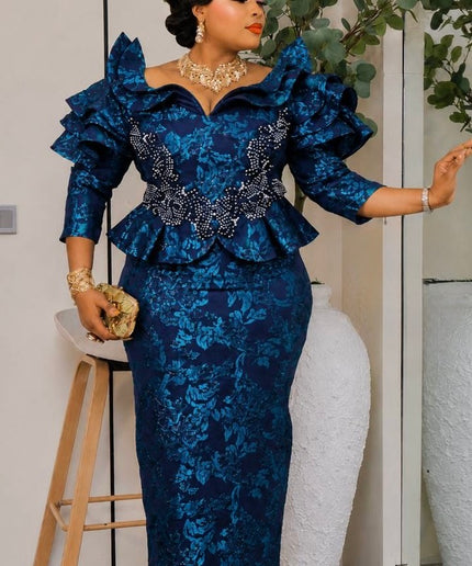 Purple Brocade Beaded Ruffle Sleeve Peplum Dress - Mother of The Bride Celebrant Birthday Party Formal Evening Outfit
