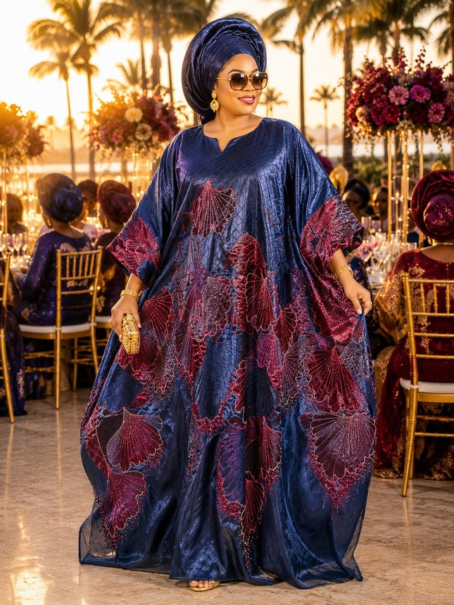 Always Lovely Purple Brocade Floral Kaftan Dress African Bubu Wedding Guest Attire 2-Piece