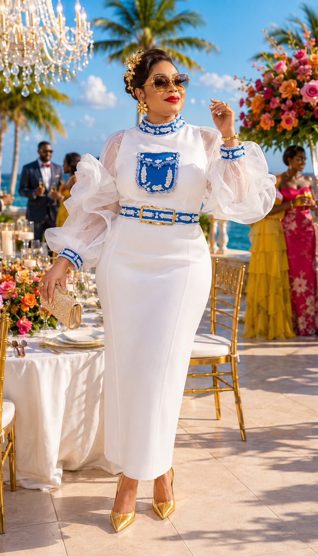 "Dressed To Impress" White Organza Ruffle Denim Trim 2-Piece Top & Skirt Set Wedding Guest Mother of The Bride Church Birthday Party Holiday Cocktail Reception Engagement Ceremony Outfit