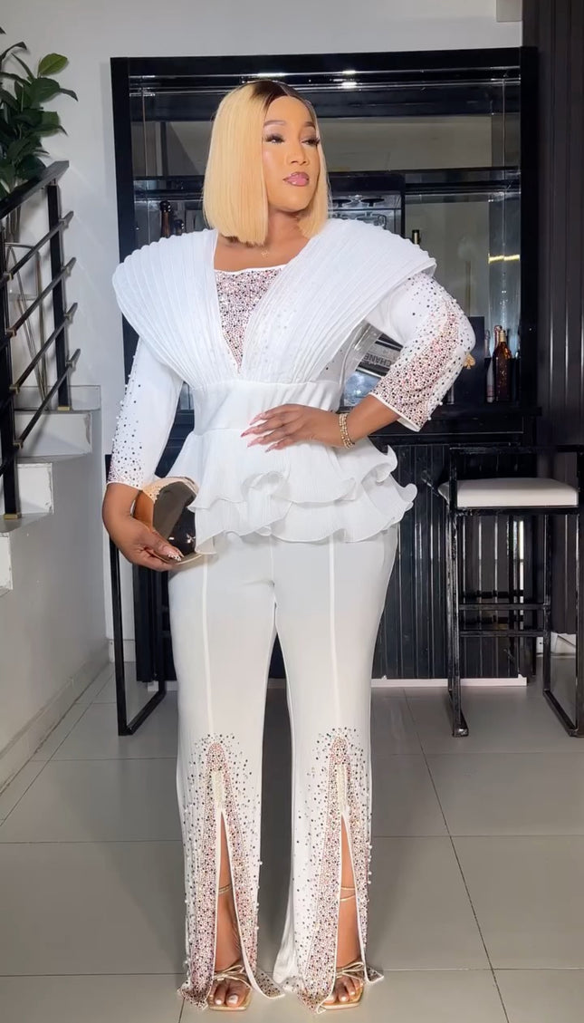 Elegant All White Party Outfit Rhinestone Blouse & Slit Pants 2 Piece with Ruffles Peplum Party Wear