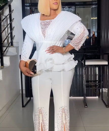 Elegant All White Party Outfit Rhinestone Blouse & Slit Pants 2 Piece with Ruffles Peplum Party Wear
