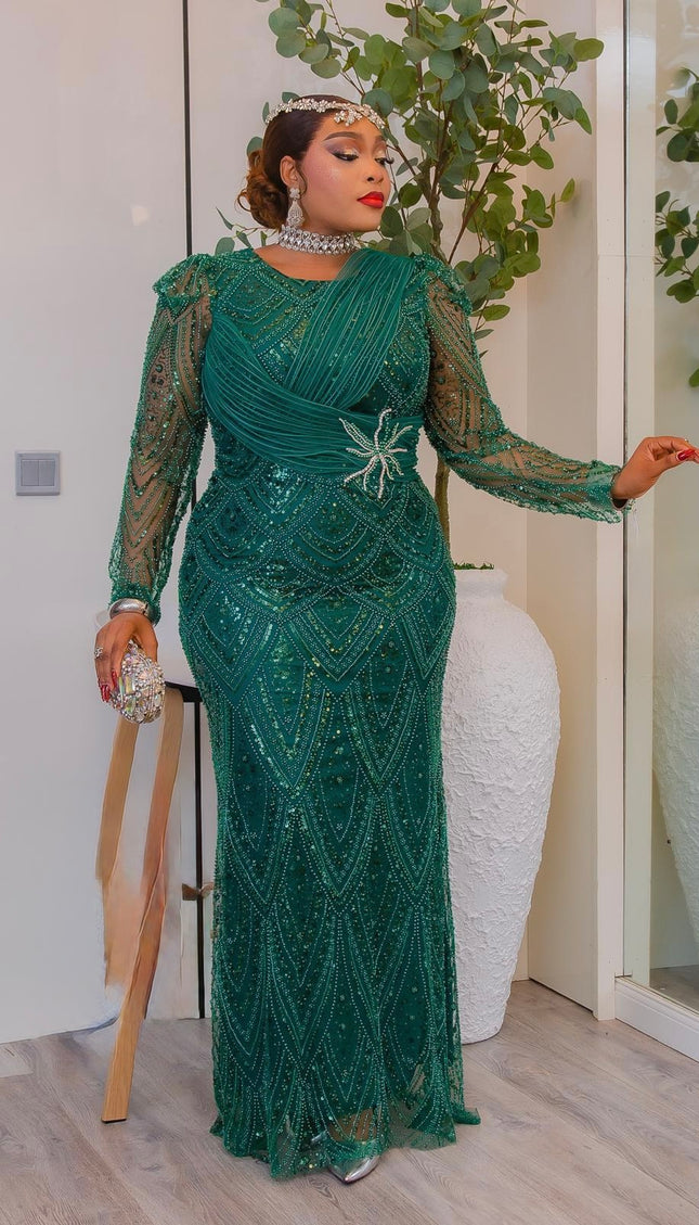 Green Beaded Sequin Formal Evening Dress: Mother of The Bride Wedding Guest Birthday Party Cocktail