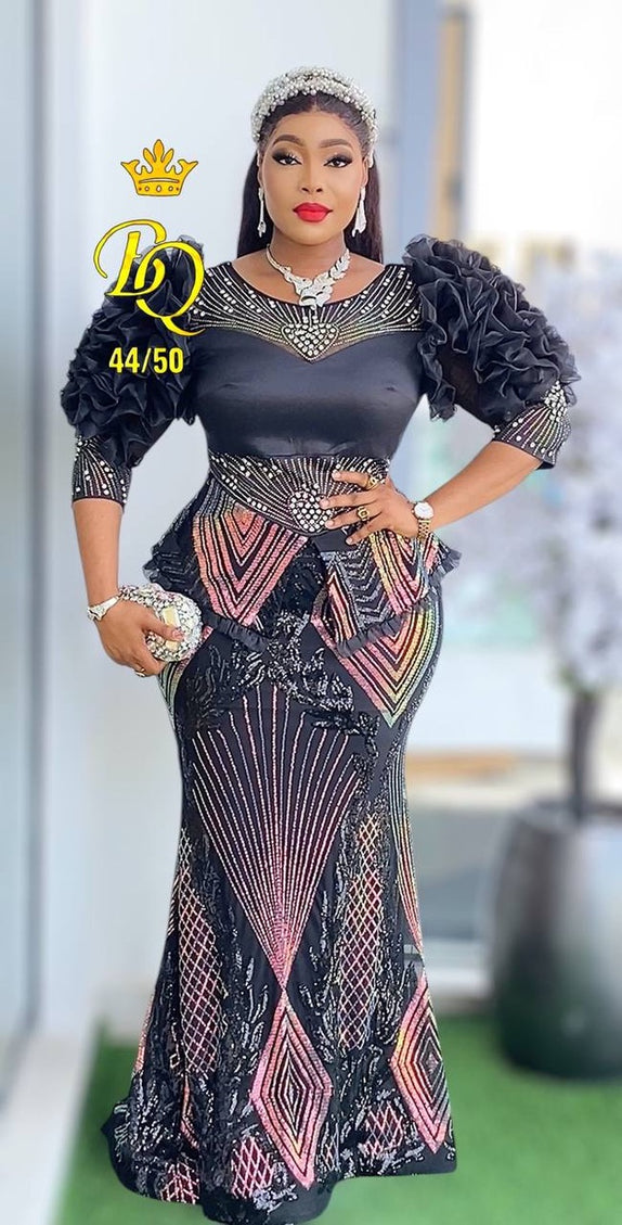 White Dramatic Sleeve Sequin Peplum Maxi Dress