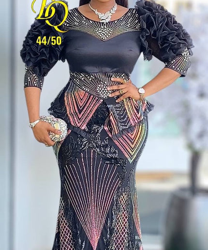 White Dramatic Sleeve Sequin Peplum Maxi Dress