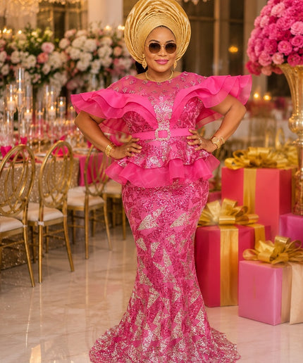 Bubble Gum Pink Sequin Ruffle Peplum Party Dress for Wedding Cocktail Reception Celebrant Birthday Dinner Mother of The Bride Formal Evening Gown