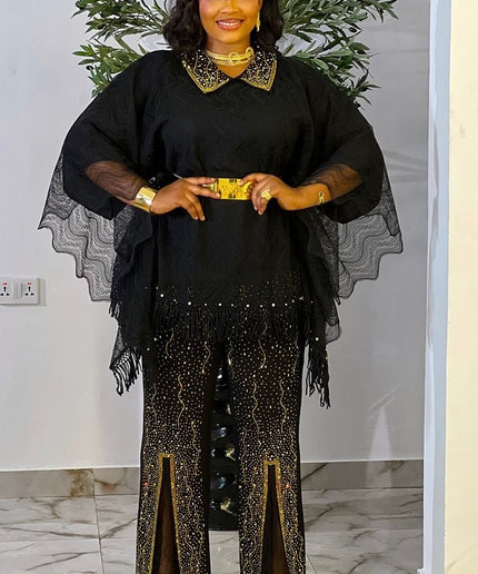 Black Lacey Rhinestone-Embellished Cape Top & Split Pants 2-Piece Party Outfit: Birthday Photoshoot Graduation Cocktail Wedding Dinner