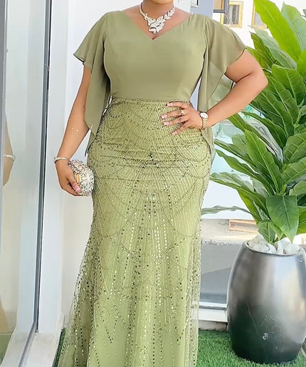 V-Neck Cape Sleeve Embellished Party Dress | Wedding Guest Mother of The Bride Gala Anniversary Birthday