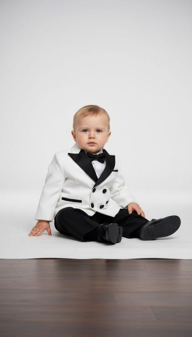 Baby Boys' White Velvet Shawl Lapel Tuxedo Suit, Bow Tie 5-Piece Set: Wedding Ring Bearer Baptism Birthday Party Graduation Photoshoot