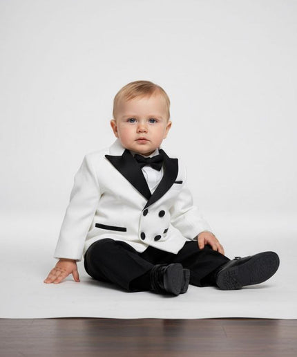 Baby Boys' White Velvet Shawl Lapel Tuxedo Suit, Bow Tie 5-Piece Set: Wedding Ring Bearer Baptism Birthday Party Graduation Photoshoot