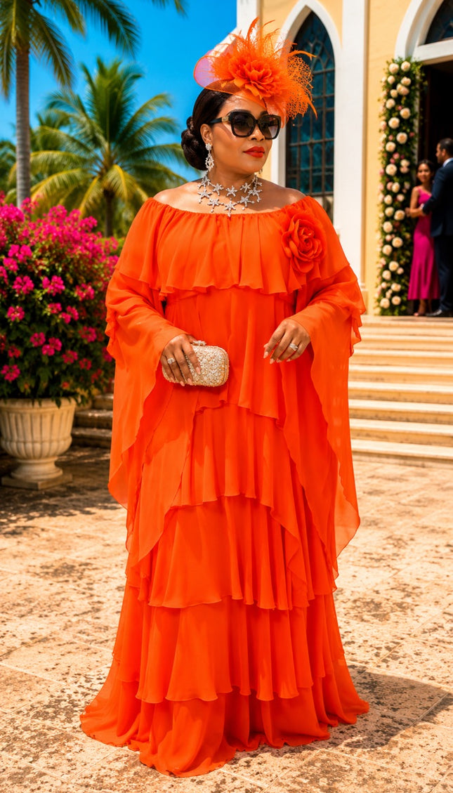 Elegant White Off-The-Shoulder Tiered Flare Chiffon Maxi Dress for Women Wedding Guest Church Mother of The Bride Formal Gown