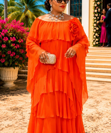 Pink Off-The-Shoulder Tiered Flower Flare Chiffon Maxi Dress for Wedding Guest Church Mother of The Bride Formal Evening Gown