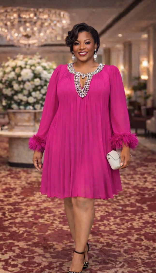 Classy Pink Rhinestone Embellished Feathered Pleated Twirl Skater Midi Dress Summer Wedding Guest Outfit Birthday Party Cocktail Church Gala Anniversary Photoshoot