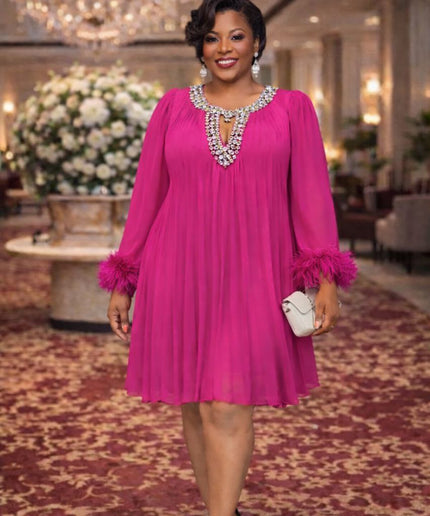 Classy Pink Rhinestone Embellished Feathered Pleated Twirl Skater Midi Dress Summer Wedding Guest Outfit Birthday Party Cocktail Church Gala Anniversary Photoshoot