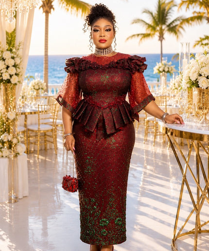Standout Purple Sequin Embellished Ruffle Peplum Top & Skirt Set for Mother of The Bride Wedding Guest Celebrant Birthday Party Cocktail Reception Church Anniversary