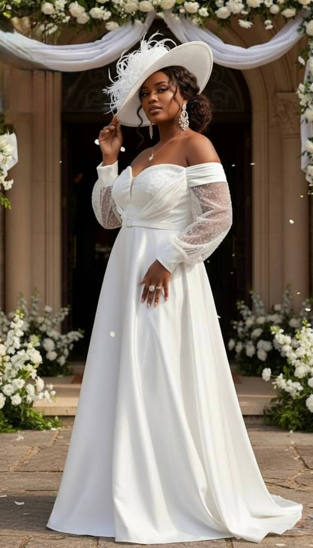 White Off-The-Shoulder Sequin Maxi Gown for Anniversary Cocktail Dinner Civil Formal Wedding Dress Bridal Photoshoot Mother of The Bride