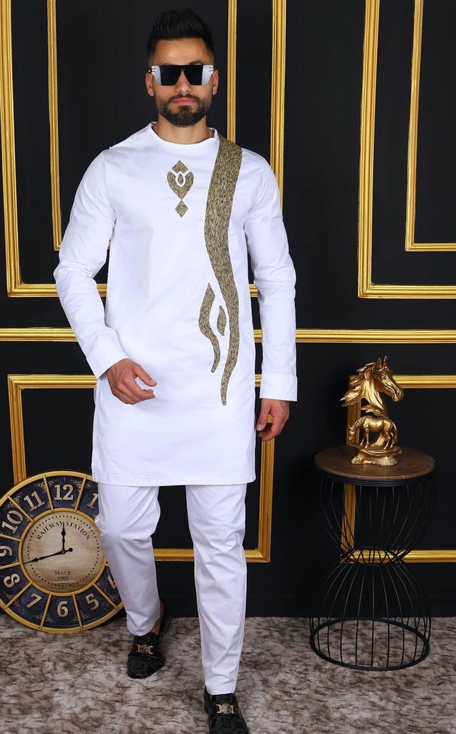 African Men's Clothing White Cotton Embroidered Shirt & Pants | Wedding Groom, Groomsmen, Guest Birthday Party