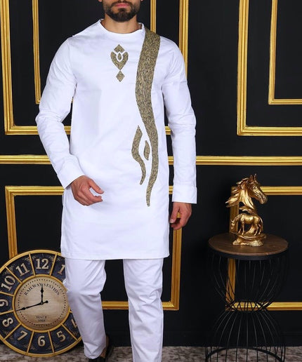 African Men's Clothing White Cotton Embroidered Shirt & Pants | Wedding Groom, Groomsmen, Guest Birthday Party