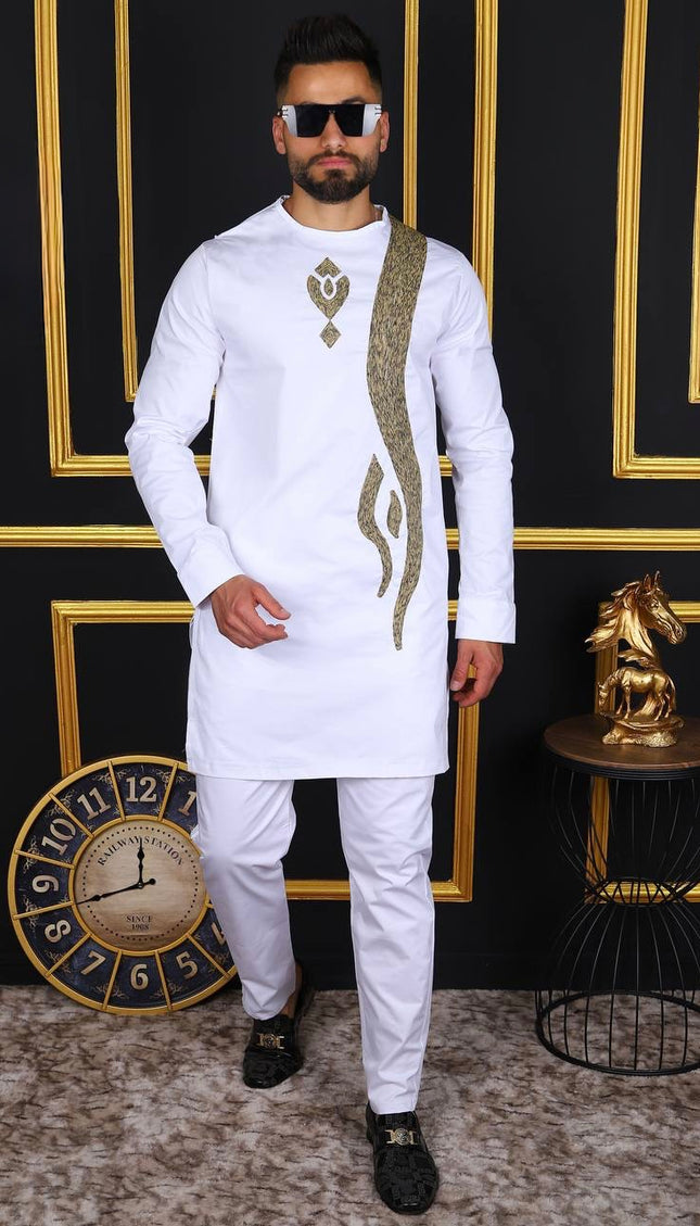 Premium White African Men’s Embroidered 2-Piece Shirt Pants Outfit: Birthday Party, Wedding Guest & Special Occasion Wear