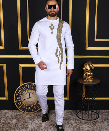 Men’s Traditional African Clothing 2-Piece Set, Embroidered Cotton Shirt & Pants for Wedding Birthday Graduation Party