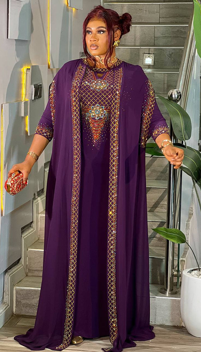 Purple Crystal-Embellished Kaftan Dress, 2-Piece Party Outfit