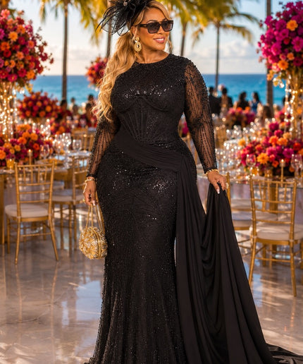 "Love, Lace & Luxury" Beige Sequin Embellished Wedding Guest Dress Floor-Length Draped Formal Evening Gown Mother ofThe Bride Church Gala