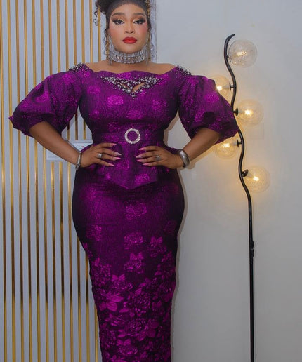 Purple Off-The-Shoulder Embellished Peplum 2-Piece Skirt Set  - Wedding Party Guest Birthday Cocktail Reception Formal Evening Outfit