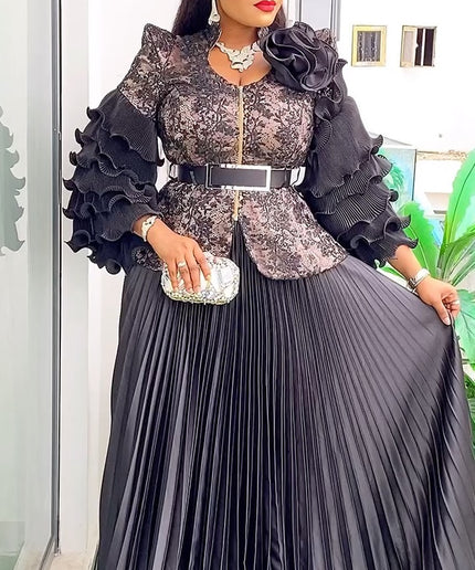 Ruffle Sleeve Pleated A-Line Gown | Mother of The Bride Wedding Guest Birthday Party