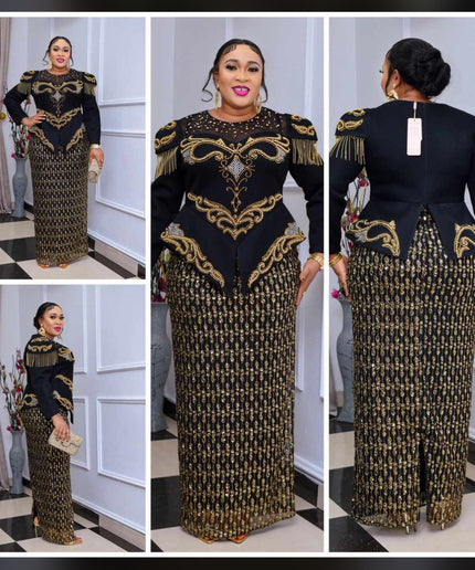 Black Embellished Peplum Long Sleeve Maxi Dress - Plus Size