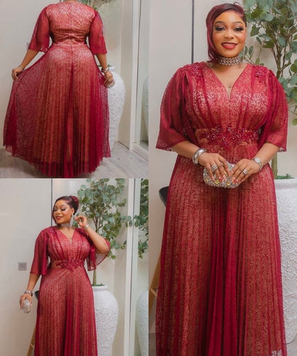 Black Flare Sleeve Applique Embellished Pleated Flowy Maxi Dress for Cocktail Dinner Party Mother of The Bride
