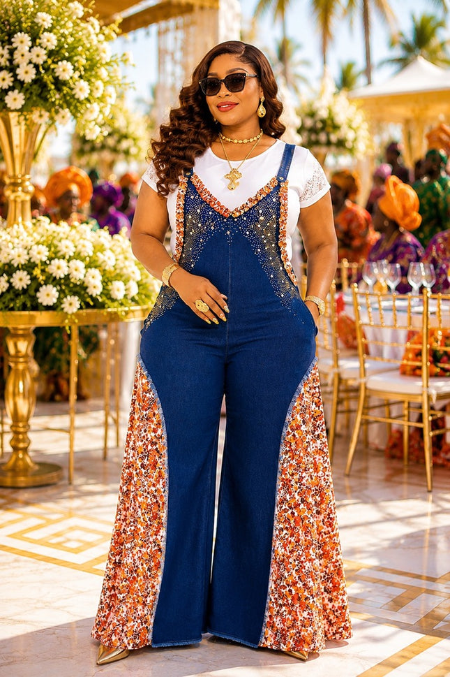 "Too Glam To Handle" Curvy Pink Denim & Diamonds T-Shirt & Wide Leg Jumpsuit 2-Piece Rhinestone Stretch Jeans Set Ladies Night Dinner Weekend Get-Together Birthday Party Dressy Outfit