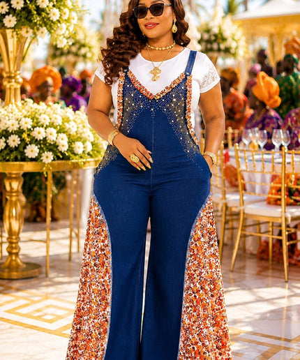 "Too Glam To Handle" Curvy Denim & Diamonds T-Shirt & Wide Leg Jumpsuit 2-Piece Rhinestone Stretch Jeans Set Ladies Night Dinner Weekend Get-Together Birthday Party Dressy Outfit