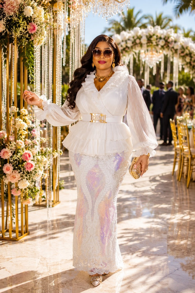 "Golden Hour Glam" Sequin Embellished Peplum Maxi Dress for Mother of The Bride Wedding Guest Church Formal Event All White Party Outfit