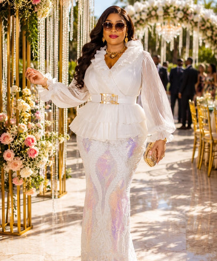 "Golden Hour Glam" Sequin Embellished Peplum Maxi Dress for Mother of The Bride Wedding Guest Church Formal Event All White Party Outfit