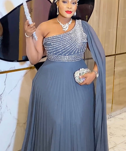 One Shoulder Mother of The Bride A-Line Gown, Elegant Wedding Guest Dress Long Maxi Pleated, Cocktail Reception Evening Wear
