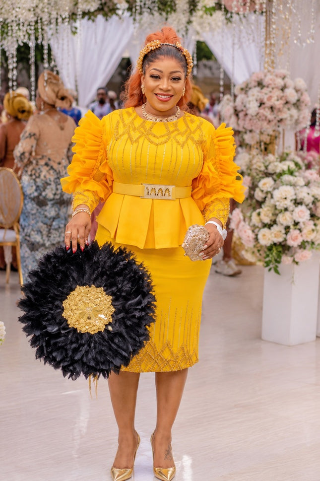Yellow Embellished Ruffle Sleeve Peplum Midi Dress for Summer Wedding Guest Mother of The Bride Photoshoot Birthday Party Outfit