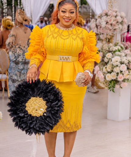 Yellow Embellished Ruffle Sleeve Peplum Midi Dress for Summer Wedding Guest Mother of The Bride Photoshoot Birthday Party Outfit