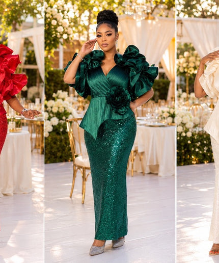 Dramatic Ruffle Sleeve Embellished 3D Flower Sequin Peplum Dress for Party Wedding Guest