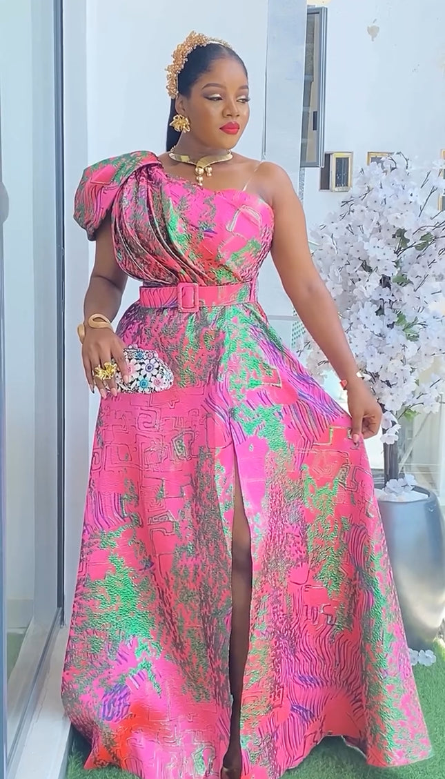 Black and Gold Brocade Plus Size Mother of The Bride One Shoulder A-Line Gown, Summer Wedding Guest Maxi Dress Front Slit, Cocktail Gala Party