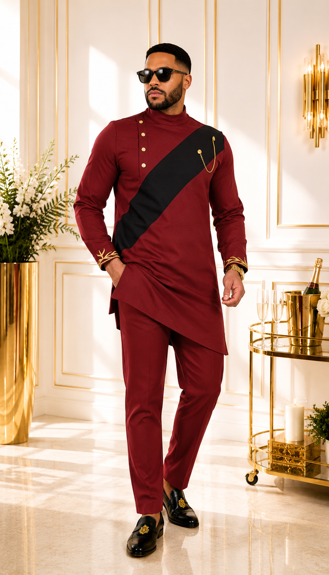 African Men's Burgundy Embroidered 2-Piece Outfit, Cotton Long Sleeve Mandarin Collar Shirt & Pants: Wedding Guest Groom Groomsmen Graduation Church Anniversary Birthday Party Buba & Sokoto Attire