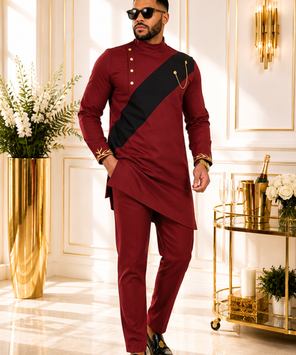 African Men's Burgundy Embroidered 2-Piece Outfit, Cotton Long Sleeve Mandarin Collar Shirt & Pants: Wedding Guest Groom Groomsmen Graduation Church Anniversary Birthday Party Buba & Sokoto Attire